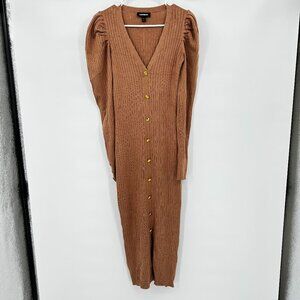Express Puffed Sleeve Ribbed Sweater Dress Midi Maxi Women's SMALL Brown Tan